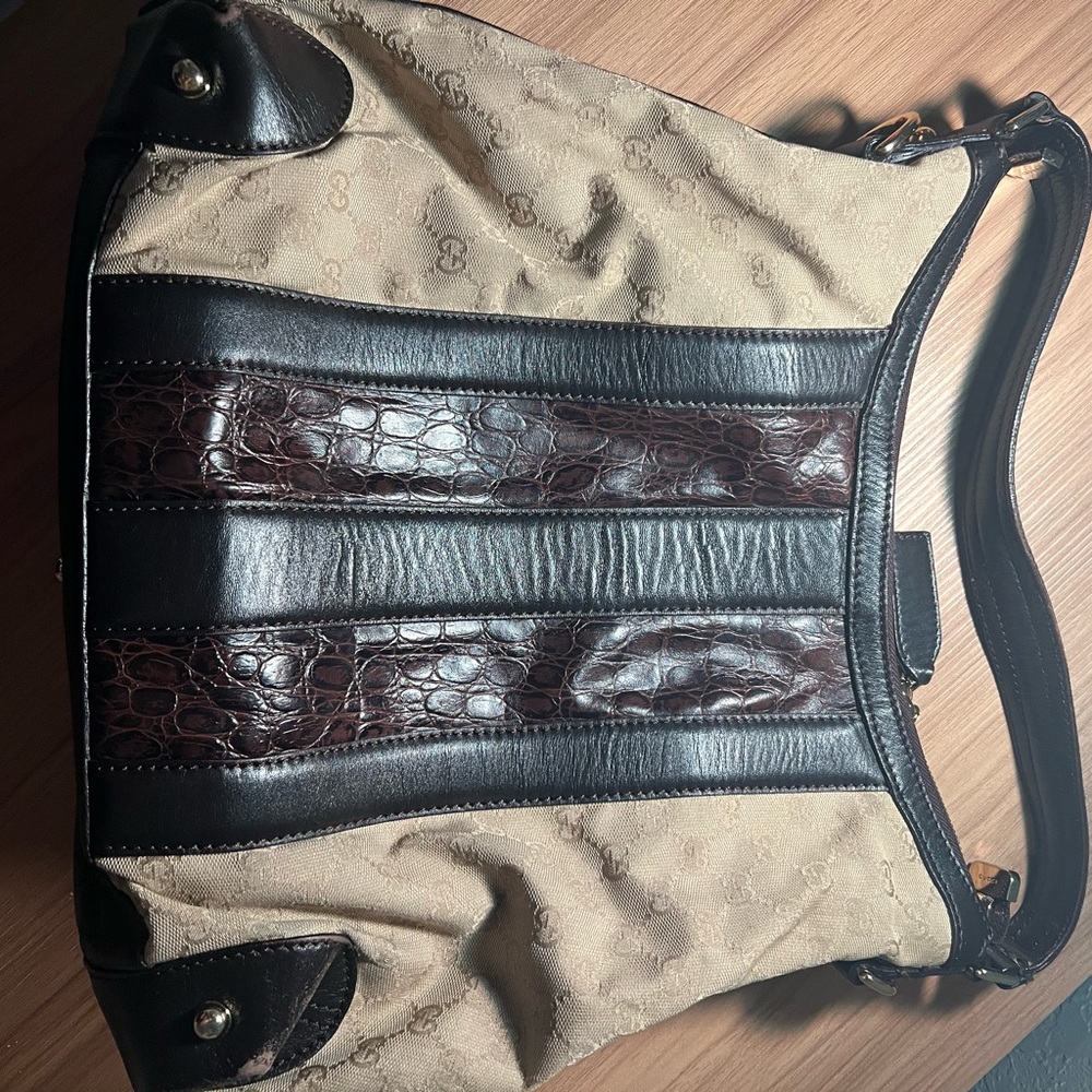 Gucci Beige/Brown GG Canvas and Alligator Medium Secret Hobo